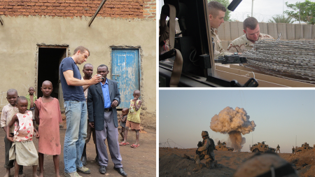 Three-photo collage: In the top left corner is a photo of Ross Boyce talking with another soldier while serving in Iraq; in the lower left is Boyce's unit completing a controlled blast, and a large smoke plume is seen behind military vehicles; and on the right is Boyce talking with community members and children in Uganda while researching solutions to malaria.